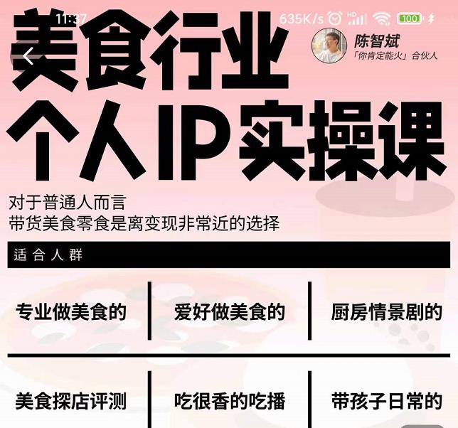 美食行业个人IP实操课，对于普通人而言，带货美食零食是离变现非常近的选择-瀚海资源库