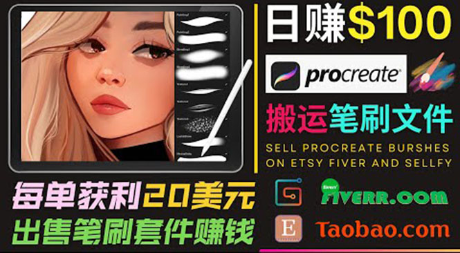 搬运出售Procreate笔刷文件赚钱，每单20美元，轻松日赚100美元-瀚海资源库