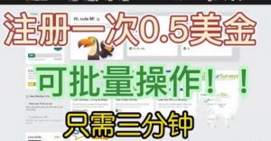 国外项目注册一次0.5美金，只需三分钟无脑操作，可批量同时放大操作，小白工作室福利【揭秘】-瀚海资源库