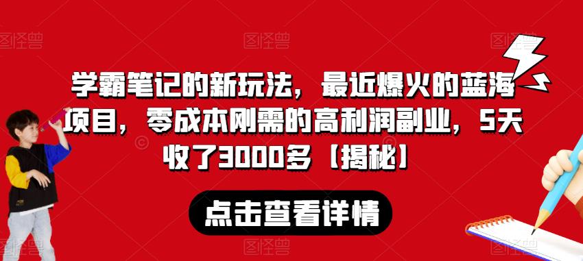 学霸笔记的新玩法，最近爆火的蓝海项目，零成本刚需的高利润副业，5天收了3000多【揭秘】-瀚海资源库