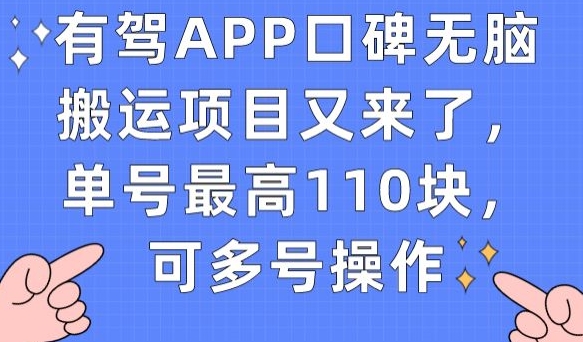 有驾APP口碑无脑搬运项目又来了，单号最高110块，可多号操作-瀚海资源库