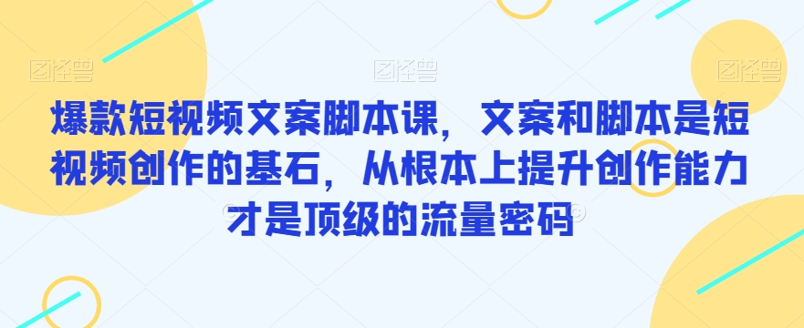 爆款短视频文案脚本课，文案和脚本是短视频创作的基石，从根本上提升创作能力才是顶级的流量密码-瀚海资源库