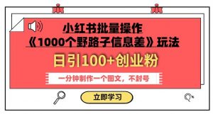小红书批量操作《1000个野路子信息差》玩法,一分钟制作一个图文,不封号,日引100+创业粉-瀚海资源库