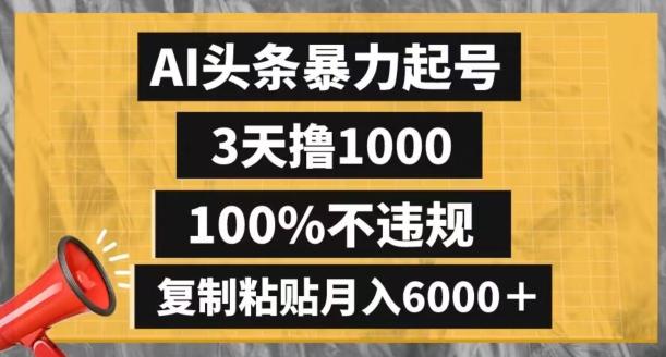 AI头条暴力起号，3天撸1000,100%不违规，复制粘贴月入6000＋【揭秘】-瀚海资源库