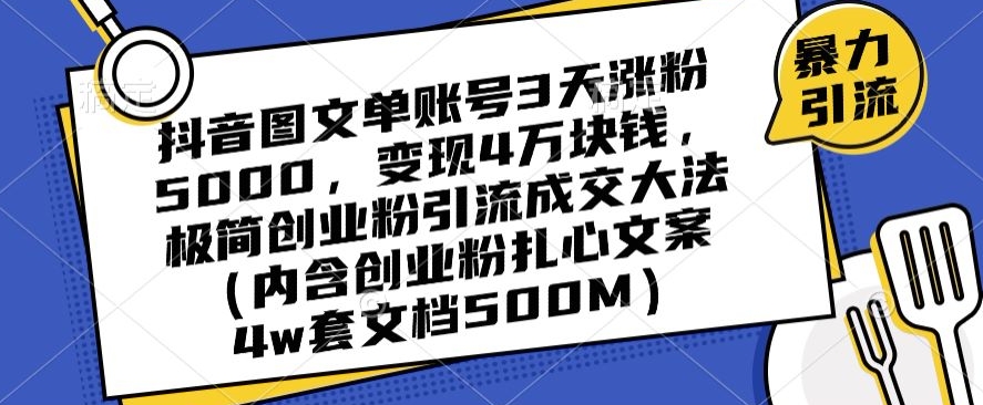 抖音图文单账号3天涨粉5000，变现4万块钱，极简创业粉引流成交大法-瀚海资源库