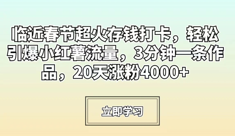 临近春节超火存钱打卡，轻松引爆小红薯流量，3分钟一条作品，20天涨粉4000+【揭秘】-瀚海资源库