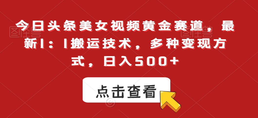 今日头条美女视频黄金赛道，最新1：1搬运技术，多种变现方式，日入500+【揭秘】-瀚海资源库