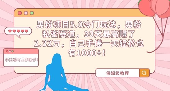 男粉项目5.0冷门玩法，男粉私密赛道，30天最高赚了2.32万，自己手搓一天轻松也有1000+【揭秘】-瀚海资源库