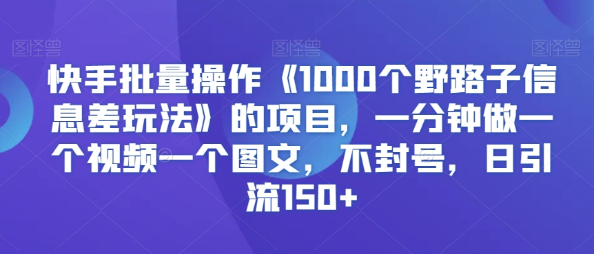 快手批量操作《1000个野路子信息差玩法》的项目，一分钟做一个视频一个图文，不封号，日引流150+【揭秘】-瀚海资源库
