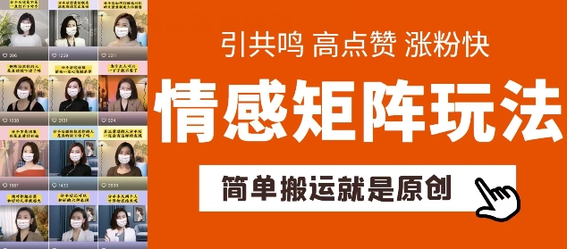 简单搬运，情感矩阵玩法，涨粉速度快，可带货，可起号【揭秘】-瀚海资源库