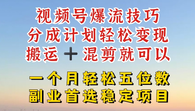 视频号爆流技巧，分成计划轻松变现，搬运 +混剪就可以，一个月轻松五位数稳定项目【揭秘】-瀚海资源库