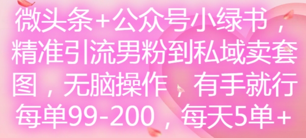 微头条+公众号小绿书，精准引流男粉到私域卖套图，无脑操作，有手就行，每单99-200，每天5单-瀚海资源库